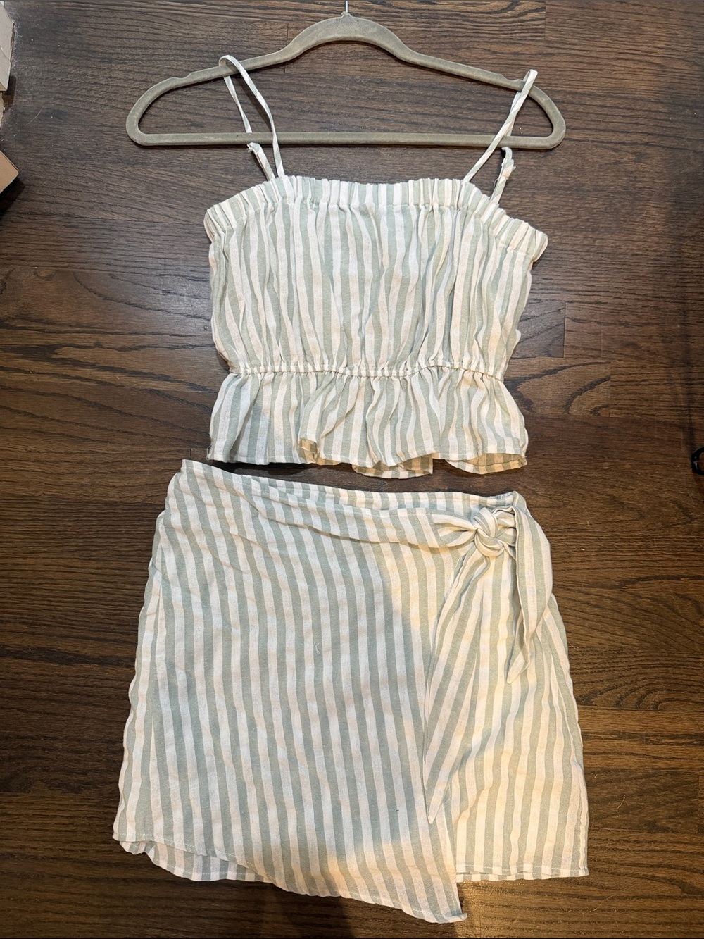 FAVLUX Green and White Striped Two-Piece Crop Top and Wrap Skirt Set
